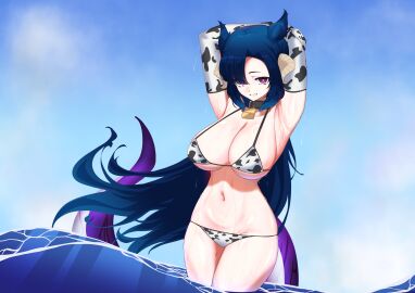 1rennom1 armpits arms_behind_head big_breasts blue_hair breasts collar cow_print cow_print_bikini cowbell cowkini dragon_girl dragon_tail female gloves horns indie_virtual_youtuber large_breasts long_hair massive_breasts outside purple_eyes tail thighs vienna_(vtuber) virtual_youtuber vtuber water