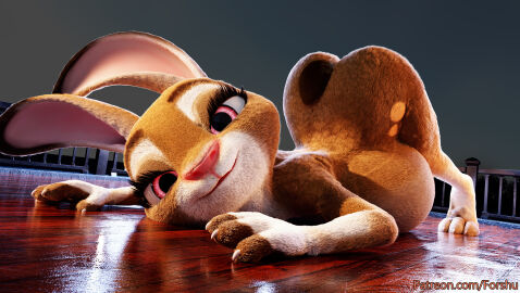 3_toes 3d 4_fingers against_surface anthro arched_back ass ass_up belly belly_squish big_ass big_belly big_butt brown_body brown_fur claws detailed_background digestion digital_media_(artwork) disney ellie_(forshu) eyebrows eyelashes fan_character feet female fingers floor forshu fur fur_markings hi_res lagomorph leporid long_ears looking_at_viewer mammal markings multicolored_body multicolored_fur nude outside paws pink_nose rabbit raised_arms red_eyes resting_on_belly rim_light scut_tail short_tail smile spots spotted_markings squish stomach_bulge tail text tiptoes toes url vore white_body white_fur wide_hips wood wood_floor zootopia