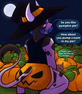 animal_humanoid anthro bovid bovid_humanoid bovine bovine_humanoid cattle cattle_humanoid clothing english_text female food fruit hat headgear headwear hi_res humanoid magic_user mammal mammal_humanoid plant pumpkin pumpkin_butt pumpkin_shorts solo tael tael_the_cow text witch witch_hat