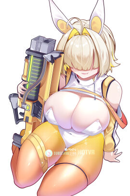 1girls ahoge ass bare_shoulders big_ass big_breasts blonde_hair blunt_bangs breasts bunny_ears bunnysuit cleavage cleavage_overflow cute_fang elegg_(nikke) fake_animal_ears female female_only goddess_of_victory:_nikke hair_covering_eyes hair_intakes hair_over_eyes hotvr large_breasts leotard on_floor pantyhose sitting skindentation solo solo_female thick thick_ass thick_thighs thigh_strap thighs voluptuous voluptuous_female white_background wide_hips