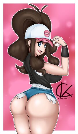1girls ass ass_hanging_out_of_shorts baseball_cap big_ass blue_eyes blue_shorts booty_shorts bottomwear breasts brown_hair bubble_ass bubble_butt chaotickentro female female_only game_freak hair hat headwear hilda_(pokemon) huge_ass looking_back pokeball pokemon pokemon_bw ponytail short_shorts shorts solo solo_female thighs topwear