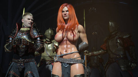 3d 4boys armor arms_behind_back breasts female knight large_breasts loincloth male marvel marvel_comics red_hair red_sonja spear topless vokar