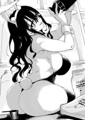 achumuchi animal_ears ass bare_shoulders breasts erotic_x_anabolic fake_animal_ears female highres huge_ass inui_achu large_breasts leotard long_hair looking_at_viewer looking_back mitsukura_itsuha monochrome open_mouth original playboy_bunny protein_shake solo thick_thighs thighs wide_hips