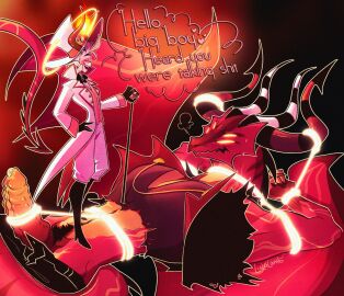 4_eyes 4_horns angry anthro biceps big_pecs big_wings black_background black_eyebrows black_horn blonde_hair bodily_fluids bondage boots bottomwear bottomwear_down bound bow_tie breath cane classy claws clothed clothed_anthro clothed_human clothed_humanoid clothed_male clothing coat cum cum_on_penis demon demon_dragon demon_humanoid detailed dirty_talk dragon duo earless english_text erection european_mythology eye_contact eyebrows fire footwear gay gay_male genital_fluids genitals glowing glowing_eyes glowing_rope half-closed_eyes halo hand_on_hip happy hat hazbin_hotel headgear headwear heart_symbol helluva_boss hi_res holding_cane holding_object horn human humanoid humanoid_on_anthro long_tail looking_at_another looking_down looking_up lucifer_(hazbin_hotel) lucifer_morningstar_(hazbin_hotel) lululamb lying male male/male mammal masculine_male mostly_nude multi_eye multi_horn multicolored_body multicolored_horn multicolored_penis multicolored_skin multicolored_tail multicolored_wings muscular muscular_anthro muscular_male muscular_sub mythological_creature mythological_scalie mythology narrowed_eyes noseless on_back on_top open_mouth orange_tail orange_wings pants pants_down partially_clothed pecs penis precum presenting presenting_penis pubes raised_eyebrows red_body red_horn red_nose red_penis red_sclera red_skin red_tail red_wings rope satan_(helluva_boss) scalie shadow sharp_teeth shirt shoes short_hair signature simple_background size_difference small_dom_big_sub smile spade_tail speech_bubble squint standing submissive sweat tail teeth text thick_penis top_hat topwear torn_clothing torn_vest triceps vest western_dragon white_body white_horn white_skin winged_dragon wings yaoi yellow_body yellow_eyes yellow_penis yellow_skin yellow_wings