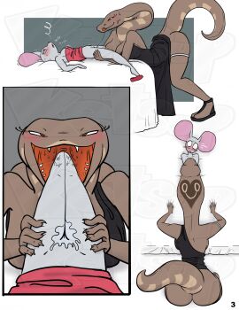 anthro ass bed black_clothing black_dress blue_eyes blush bodily_fluids bottomless breasts clothed clothing cobra cunnilingus dress duo female female/female female_prey forked_tongue furniture genital_fluids hi_res ketsup larger_female larger_pred licking licking_lips long_neck lying lying_on_bed mammal mouse murid murine on_back on_bed oral oral_vore pussy raised_tail red_clothing red_dress red_eyes reptile rodent scalie sex size_difference smaller_female snake tail tongue tongue_out vaginal_fluids vaginal_penetration vore