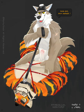 2023 3:4 anal anal_sex anthro armor balls bondage bound canid canine canis clenched_teeth collar cowgirl_position dialogue dominant_bottom duo english_text epic_games felid female fortnite from_front_position genitals headgear helmet hi_res leash lying male male/male mammal mining_helmet murkyhaze muscular muscular_anthro muscular_male on_back on_bottom on_top oscar_(fortnite) pantherine penetration penis restraints rope rope_bondage rope_harness scar sex signature tail teeth text tiger url wendell_(fortnite) wolf