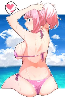 1girls ass back back_view backboob big_breasts bikini bikini_bottom bikini_top blue_eyes bottomwear breasts female female_only fujiwara_chika hair heart huge_breasts kaguya-sama_wa_kokurasetai_~tensai-tachi_no_renai_zunousen~ looking_back micro_bikini pink_bikini pink_hair re:ankh solo solo_female speech_bubble spoken_heart swimwear tied_hair topwear tying_hair wet wet_body