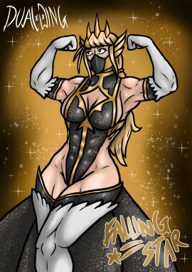 1girl 1girls angel blonde_hair dualwing falling_star_(dualwing) female female_focus female_only fit fit_female flexing flexing_bicep highres leotard masked masked_female muscular muscular_female no_penetration original original_character red_eyes solo solo_female superhero superheroine white_skin wrestling_outfit