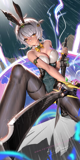 adapted_costume alternate_costume anby_demara animal_ear_hairband animal_ears bare_shoulders black_hairband black_pantyhose black_shoes breasts closed_mouth dual_wielding fake_animal_ears female fingerless_gloves from_below gloves hair_wagging hairband highres holding holding_sword holding_weapon hoyoverse leotard liang_xing medium_breasts multicolored_leotard on_one_knee orange_eyes pantyhose rabbit_ear_hairband rabbit_ears rain shoes soldier_0_-_anby solo strapless strapless_leotard sword thighhighs two-tone_leotard weapon white_gloves white_hair zenless_zone_zero