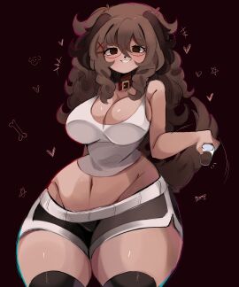 big_breasts blush breasts brown_eyes brown_hair chocolate collar curly_hair cute dark-skinned_female dark_skin dog_ears fanart female gazericc glasses hairclip hearts_around_head holding_object long_hair looking_at_viewer original_character short_shorts simple_background smile tagme_(character) tank_top thick_thighs thighhighs wholesome