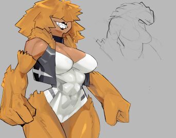 abs angel_dark_uwu bangs bangs_over_eyes ben_10 canine canine_teeth chaquetrix choker eyes_covered female jacket muscular muscular_female one-piece_swimsuit one_piece_swimsuit orange_hair sharp_teeth smiling vulpimancer wildmutt